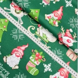 Stoff Weihnachtselfen, Rennes und Maus Grüner Hintergrund | Wolf Stoffe