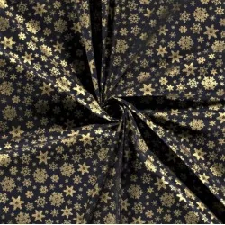Fabric Cotton Snowflakes Golden Navy Blue Background | Wolf Fabrics
