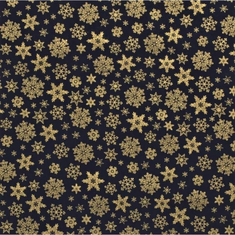 Fabric Cotton Snowflakes Golden Navy Blue Background | Wolf Fabrics