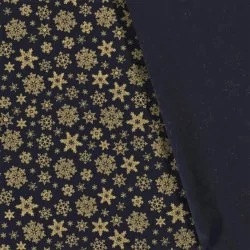Fabric Cotton Snowflakes Golden Navy Blue Background | Wolf Fabrics