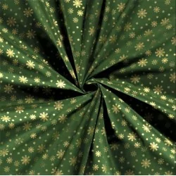 Golden Snowflakes Fabric Green background |  Wolf Fabrics