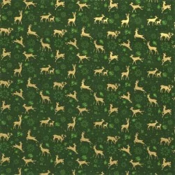 Tela de Reno dorado de Navidad Fondo verde  | Telas Lobo