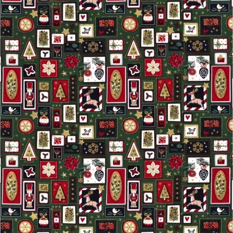 Christmas Magic Gold Fabric Green Background |  Wolf Fabrics