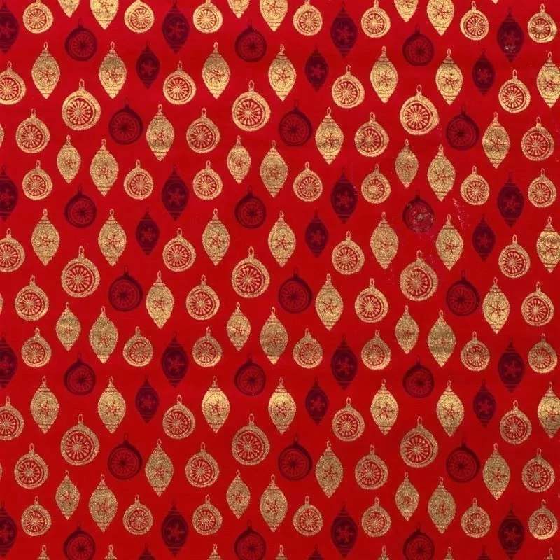 Tela Algodó de bolas de Navidad dorados Fondo rojo | Telas Lobo