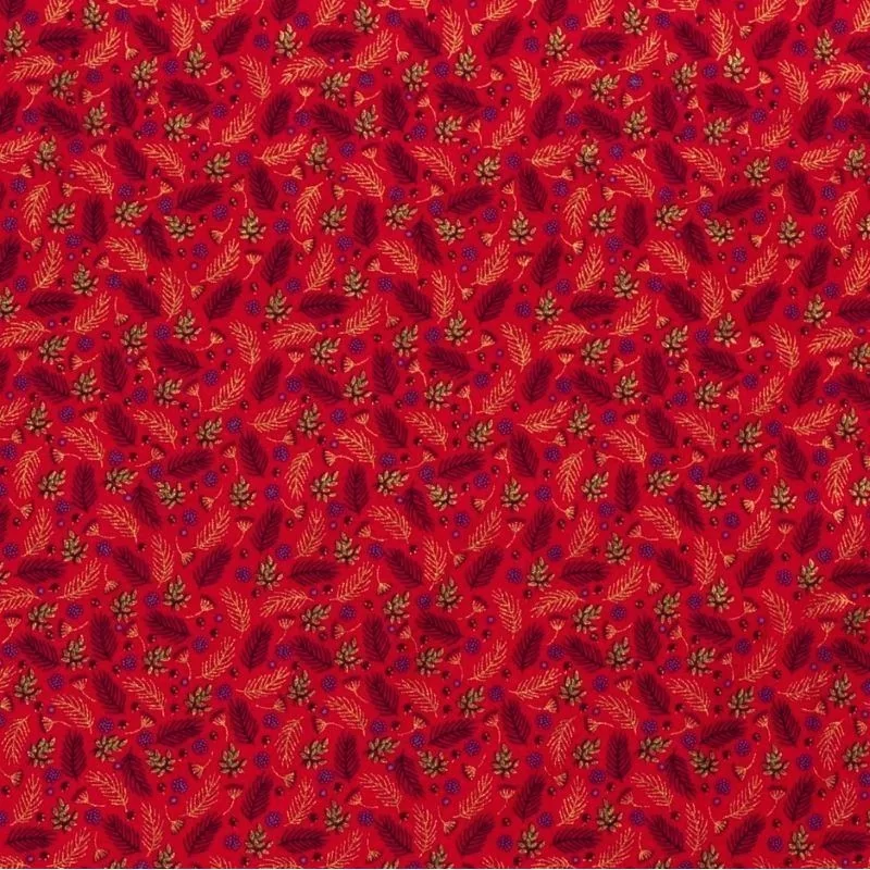 Tecido de Algodão com galhos de Natal dourados Fundo Vermelho | Tissus Loup