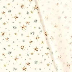 Tissu Coton Étoiles dorées et Branches de Sapin Fond Blanc | Tissus Loup
