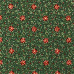 Tecido de Algodão Flor estrela vermelha de Natal ramos dourados Fundo verde | Tissus Loup