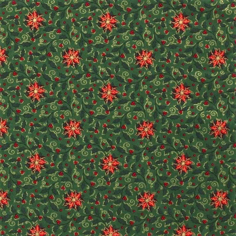 Tela Estrella de Navidad roja con ramas doradas Fondo verde | Telas Lobo