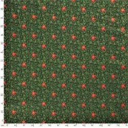 Fabric Flower red Christmas star golden branches Green background |  Wolf Fabrics