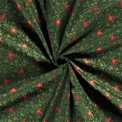 Tela Estrella de Navidad roja con ramas doradas Fondo verde | Telas Lobo