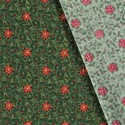 Tecido de Algodão Flor estrela vermelha de Natal ramos dourados Fundo verde | Tissus Loup
