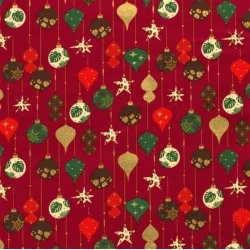 Tissu Coton boules de Noël dorées Fond Rouge Carmin | Tissus Loup