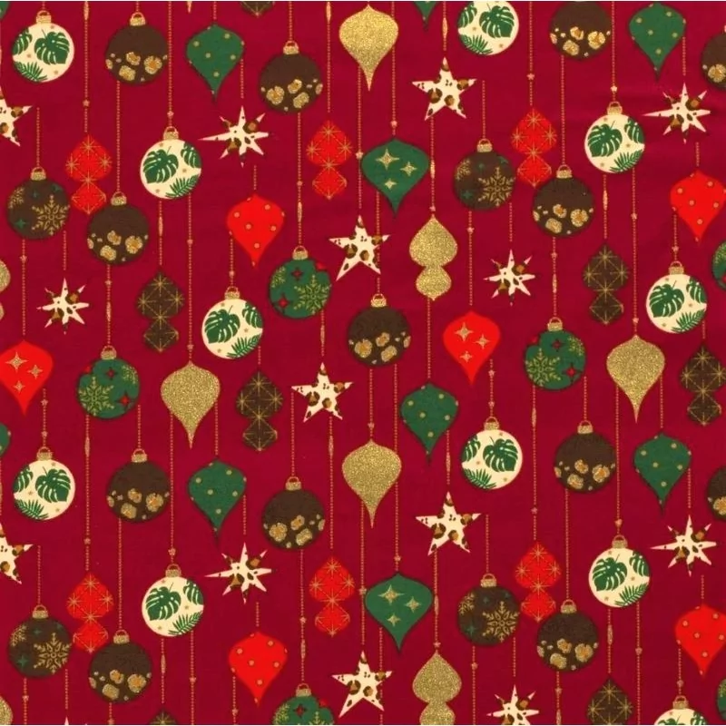 Fabric Cotton golden Christmas baubles Carmine Red Background | Wolf Fabrics