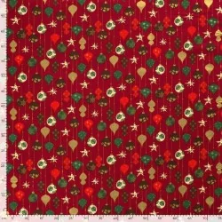 Tela Algodó de bolas de Navidad dorados Fondo rojo carmín | Telas Lobo