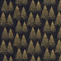 Fabric Gold Christmas trees navy blue background