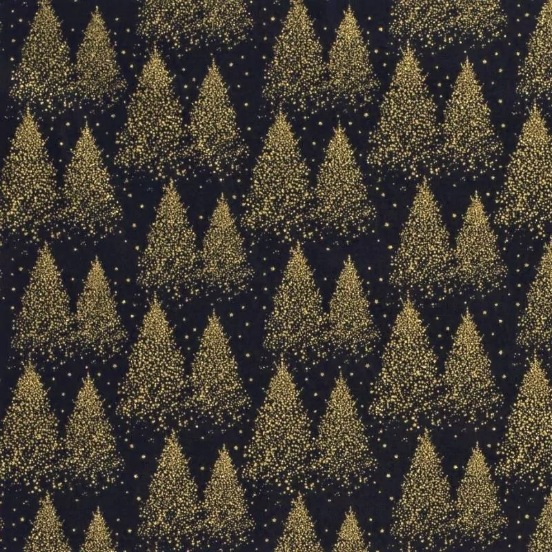 Fabric Cotton  Golden Christmas Trees Navy Blue Background | Wolf Fabrics