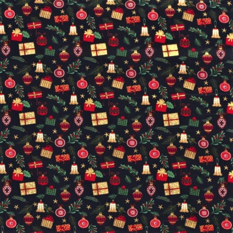 Tissu Coton Cadeaux et Boules de Noël | Tissus Loup