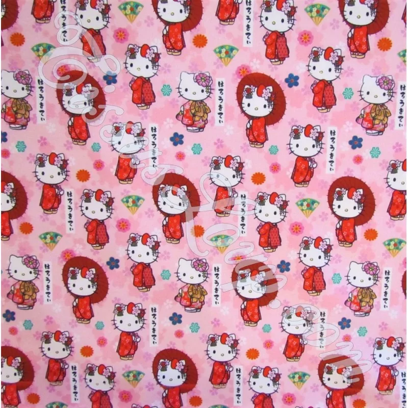 Tissu Coton Hello Kitty Kimono fond rose | Tissus Loup