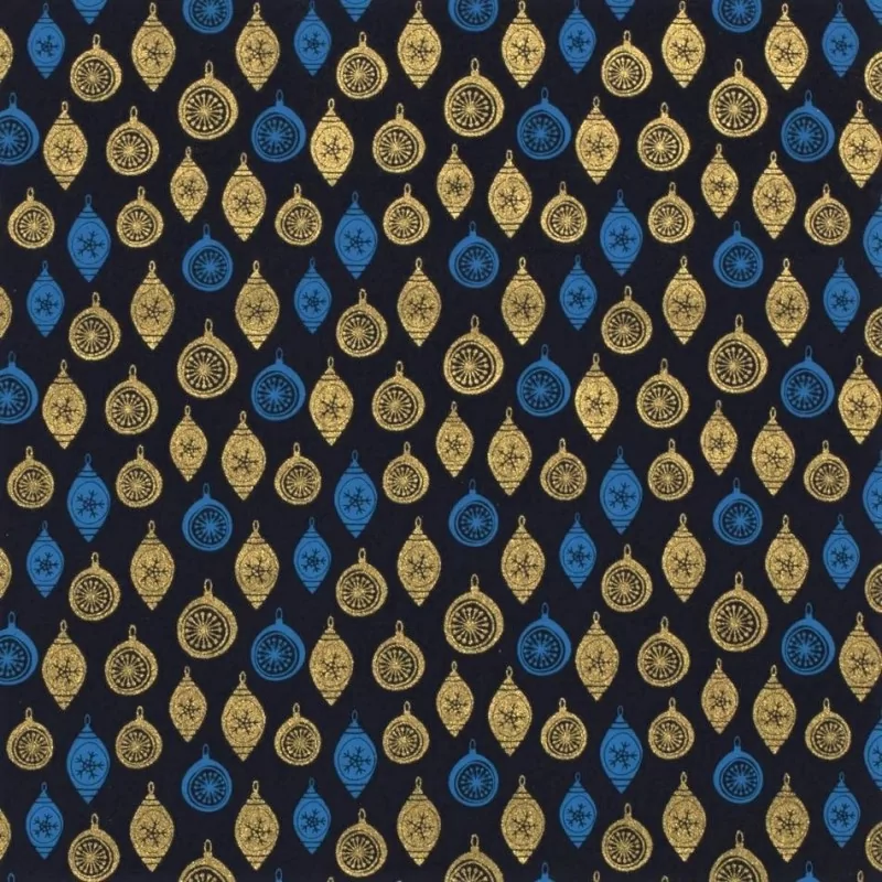Tissu Coton boules de Noël dorées Déco Fond bleu marine | Tissus Loup