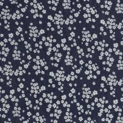 Dark blue stretch jean fabric small white  flowers |  Wolf Fabrics