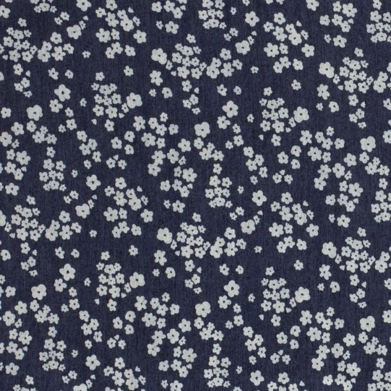 Dunkelblaue Stretch-Jeansstoff kleine Blumen | Wolf Stoffe