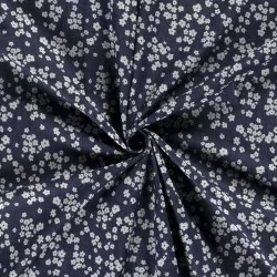 Dark blue stretch jean fabric small white  flowers |  Wolf Fabrics