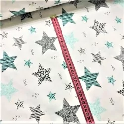 Tissu Coton Étoiles Fantaisies turquoise et Gris | Tissus Loup