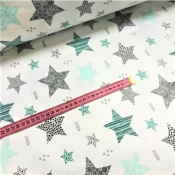 Fabric cotton turquoise and grey stars fancy | Wolf Fabrics