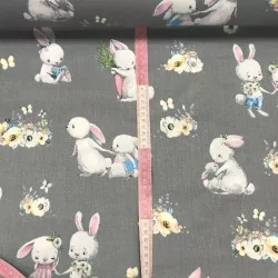 Tecido de Algodão com Coelhos e Flores | Tissus Loup