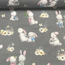 Tissu Coton Lapins et Fleurs | Tissus Loup