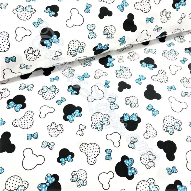 Tecido de Algodão Minnie-Mickey-Mouse Pequena Cabeça Laço azul turquesa | Tissus Loup