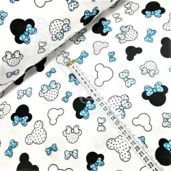 Katoenen stof Minnie Mouse-hoofdjes turkoois blauw strikje | Wolf Stoffen