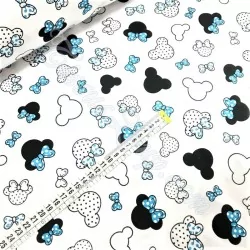 Baumwollstoff Minnie Mouse Köpfe türkisblaue Schleife | Wolf Stoffe