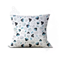 Katoenen stof Minnie Mouse-hoofdjes turkoois blauw strikje | Wolf Stoffen