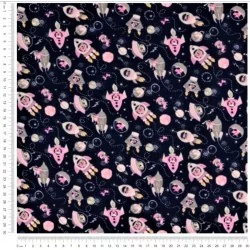 Fabric Cotton Astronaut dog in space Navy Blue Background | Wolf Fabrics