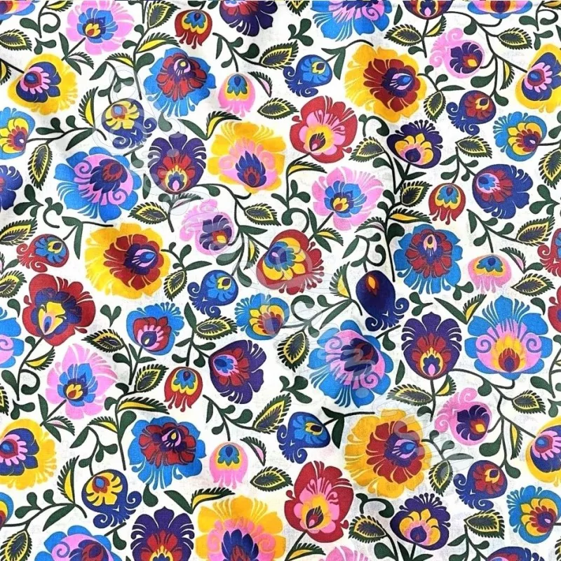 Fabric Cotton Folkloric Flowers  White Background | Wolf Fabrics