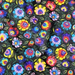 Stof Folklore Bloemen Zwarte achtergrond