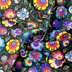 Baumwollstoff Folkloristische Blumen  Schwarzer Hintergrund | Wolf Stoffe