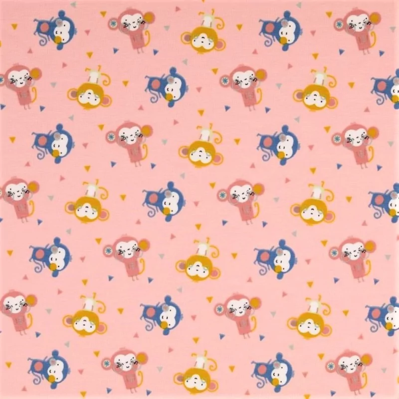 Tissu Jersey Petit Singe Fond Rose | Tissus Loup