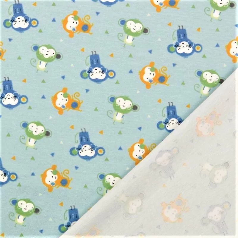 Fabric Jersey Little Monkey Mint Green background Cotton Organic | Wolf Fabrics