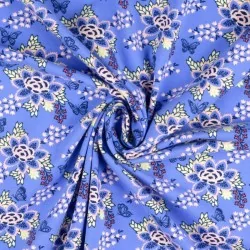 Fabric Jersey Flower and Butterfly bright blue background | Wolf Fabric