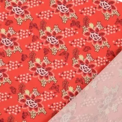 Tecido Jersey Flor e Borboleta fundo Coral | Tissus Loup