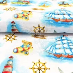 Tela de algodón de veleros, anclas y farosos | Telas Lobo