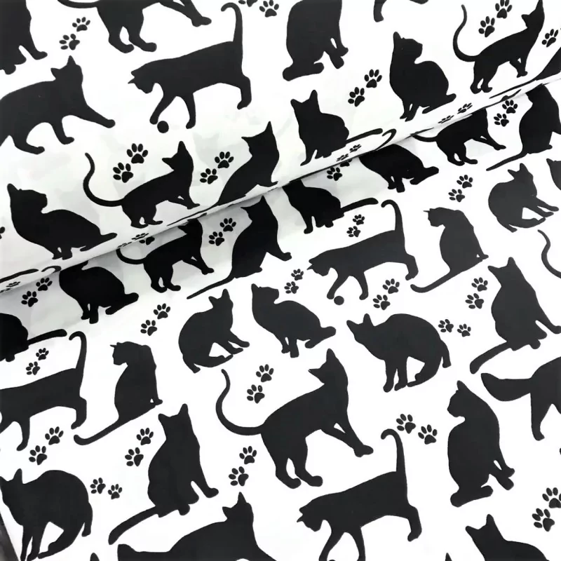 Baumwollstoff Katzen und Katzenpfoten weißer Hintergrundn | Wolf Stoffe
