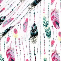 Tessuto di Cotone Piume e Perle Rosa ed Smeraldo | Tissus Loup