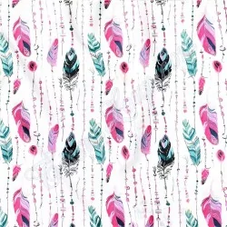 Tessuto di Cotone Piume e Perle Rosa ed Smeraldo | Tissus Loup