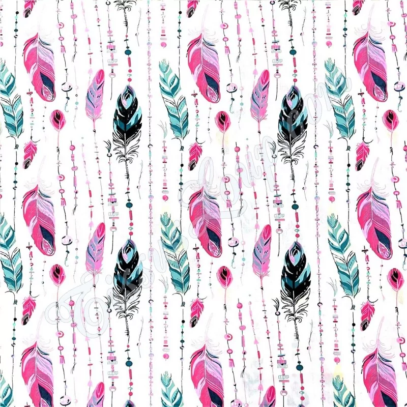 Tessuto di Cotone Piume e Perle Rosa ed Smeraldo | Tissus Loup