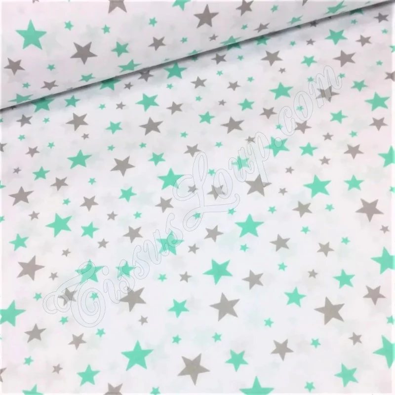 Tela da algodón estrellas gris y verde menta | Telas Lobo