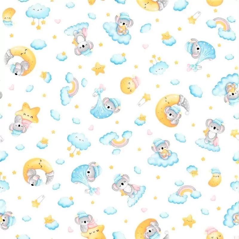 Cotton fabric  Baby Koala Rainbow clouds Moon and stars | Wolf Fabrics
