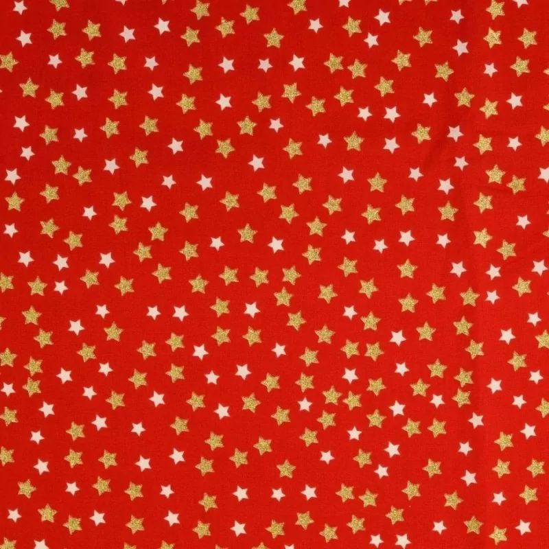 Tessuto di Cotone Stelle dorate e Bianche su Fondo Rosso | Tissus Loup
